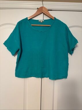 Eileen Fisher Teal Boxy Short Sleeve Crop Top